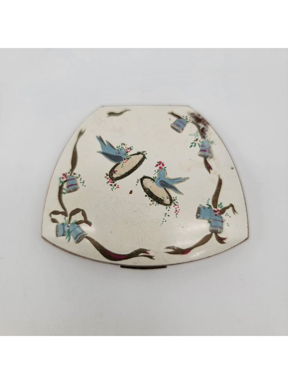 Vintage 1940s Elgin American Wedding Motif Powder Compact With Bluebirds Floral